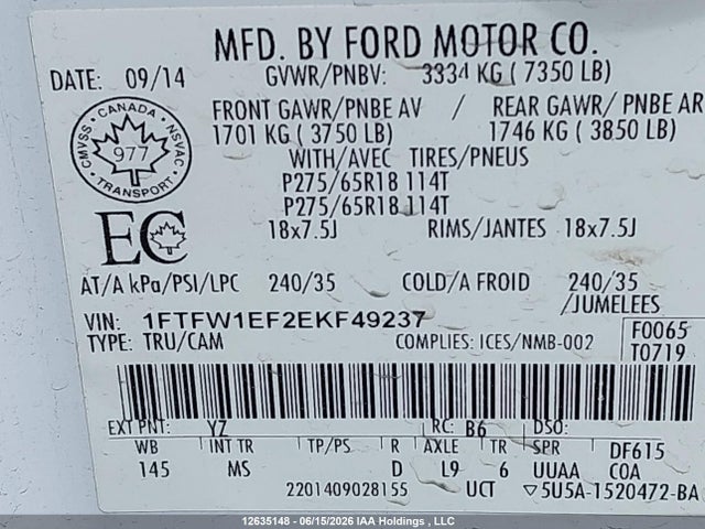 Продаж на аукціоні авто 2014 Ford F150 Supercrew, vin: 1FTFW1EF2EKF49237, номер лоту: 12635148
