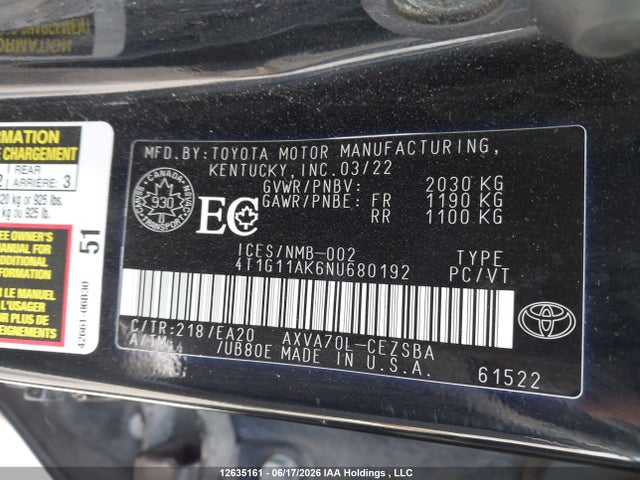 12635161 :رقم المزاد ، 4T1G11AK6NU680192 vin ، 2022 Toyota Camry Se/se Night Shade مزاد بيع