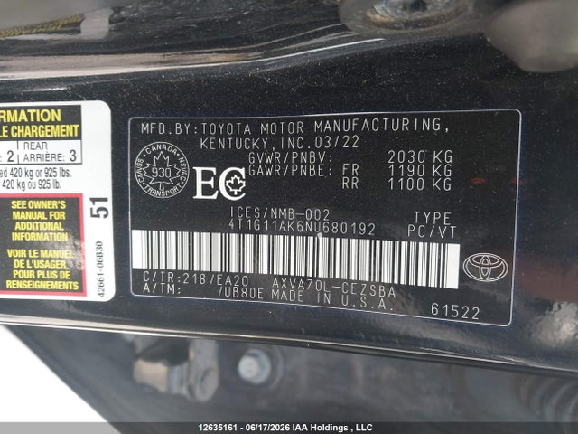 12635161 :رقم المزاد ، 4T1G11AK6NU680192 vin ، 2022 Toyota Camry Se/se Night Shade مزاد بيع