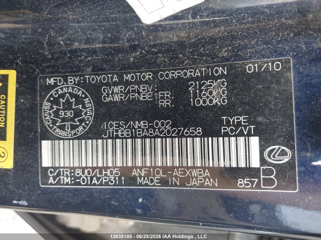 Продаж на аукціоні авто 2010 Lexus Hs 250h Premium/premium Luxury, vin: JTHBB1BA8A2027658, номер лоту: 12635180