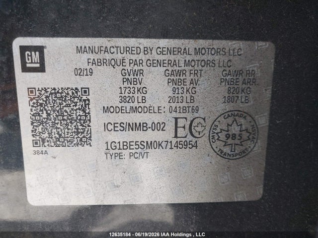 Продаж на аукціоні авто 2019 Chevrolet Cruze Lt Auto, vin: 1G1BE5SM0K7145954, номер лоту: 12635184