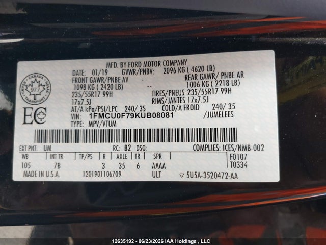 2019 Ford Escape S მანქანა იყიდება აუქციონზე, vin: 1FMCU0F79KUB08081, აუქციონის ნომერი: 12635192