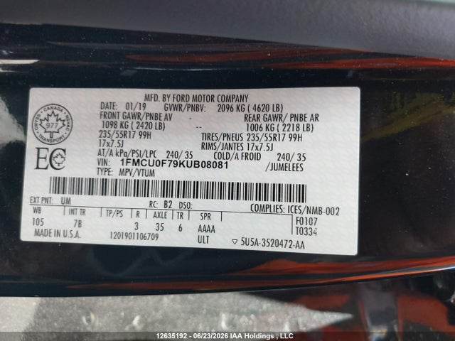 2019 Ford Escape S მანქანა იყიდება აუქციონზე, vin: 1FMCU0F79KUB08081, აუქციონის ნომერი: 12635192