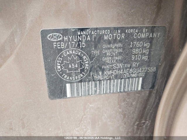 12635198 :رقم المزاد ، KMHDH4AE8GU477558 vin ، 2016 Hyundai Elantra Sport Appearance مزاد بيع
