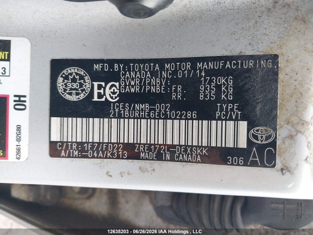 2014 Toyota Corolla L/le/le Pls/prm/s/s Pls მანქანა იყიდება აუქციონზე, vin: 2T1BURHE6EC102286, აუქციონის ნომერი: 12635203