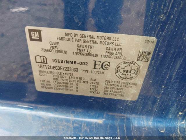 12635205 :رقم المزاد ، 1GTV2UEC3FZ223633 vin ، 2015 Gmc Sierra K1500 Sle مزاد بيع
