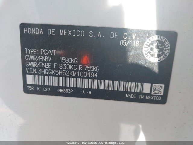 3HGGK5H52KM100494 Honda Fit