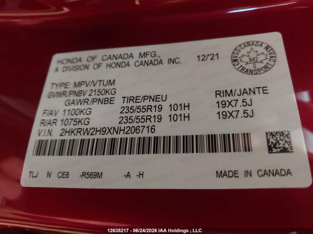 Продаж на аукціоні авто 2022 Honda Cr-v Touring, vin: 2HKRW2H9XNH206716, номер лоту: 12635217