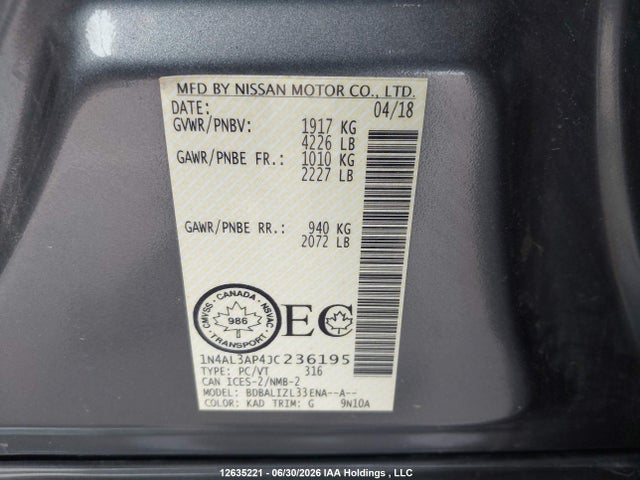 Nissan Altima 2018 1N4AL3AP4JC236195 Image 9