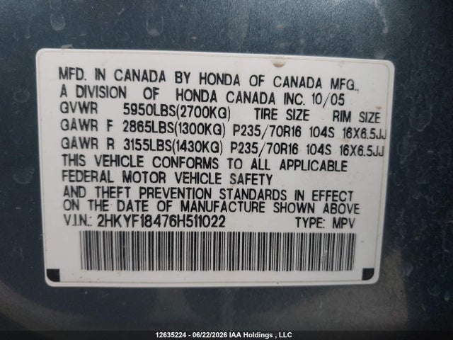 2006 Honda Pilot Ex მანქანა იყიდება აუქციონზე, vin: 2HKYF18476H511022, აუქციონის ნომერი: 12635224