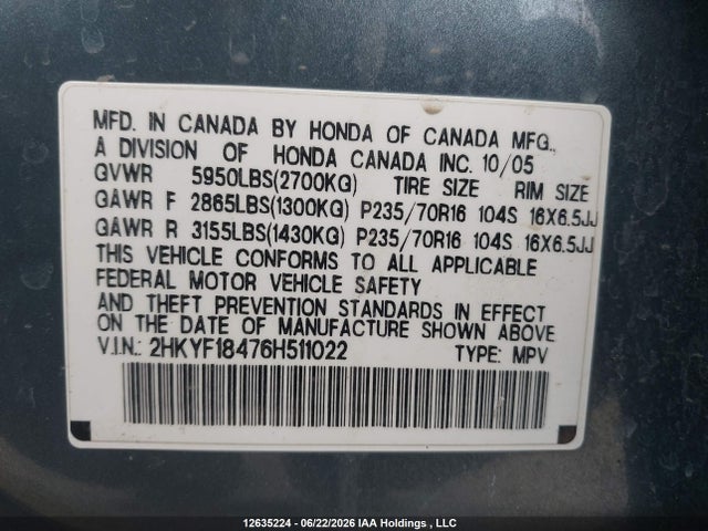 2006 Honda Pilot Ex მანქანა იყიდება აუქციონზე, vin: 2HKYF18476H511022, აუქციონის ნომერი: 12635224