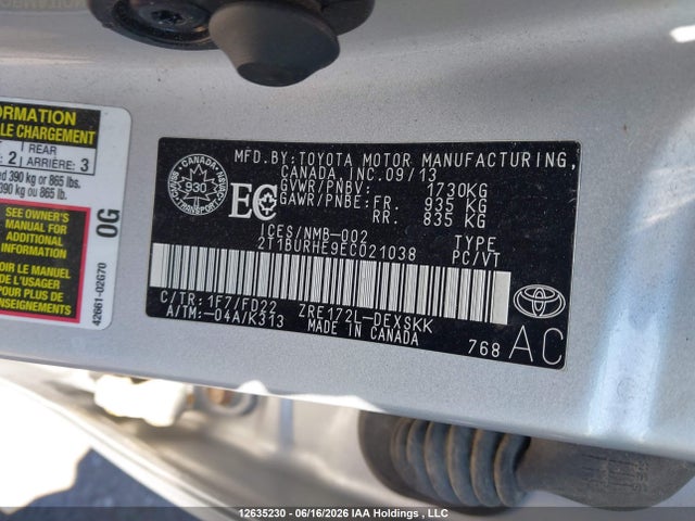 2014 Toyota Corolla L/le/le Pls/prm/s/s Pls მანქანა იყიდება აუქციონზე, vin: 2T1BURHE9EC021038, აუქციონის ნომერი: 12635230