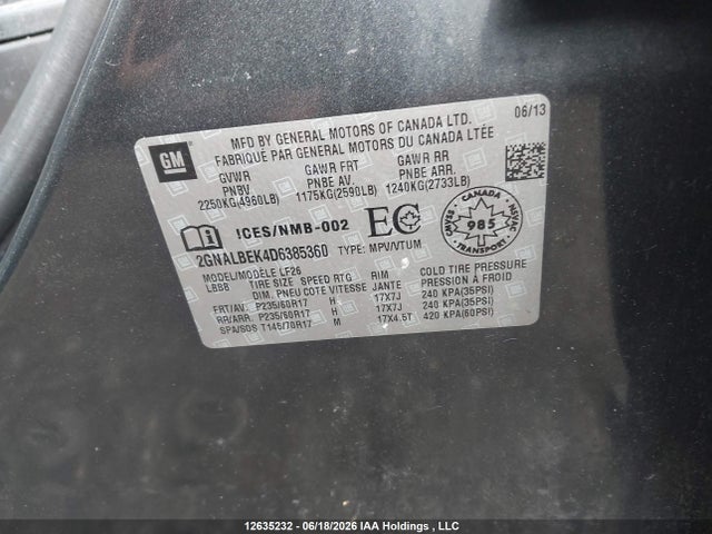 2013 Chevrolet Equinox მანქანა იყიდება აუქციონზე, vin: 2GNALBEK4D6385360, აუქციონის ნომერი: 12635232