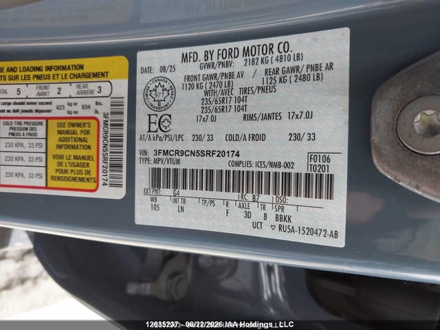2025 Ford Bronco Sport Outer Banks მანქანა იყიდება აუქციონზე, vin: 3FMCR9CN5SRF20174, აუქციონის ნომერი: 12635237
