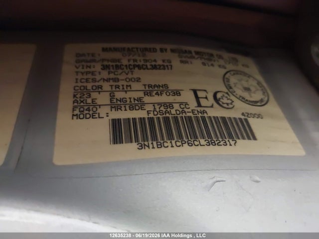 2012 Nissan Versa 1.8 S მანქანა იყიდება აუქციონზე, vin: 3N1BC1CP6CL382317, აუქციონის ნომერი: 12635238
