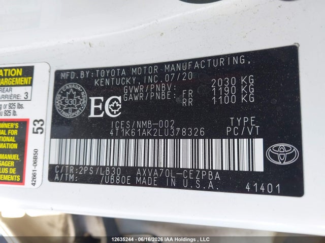 12635244 :رقم المزاد ، 4T1K61AK2LU378326 vin ، 2020 Toyota Camry Xse مزاد بيع