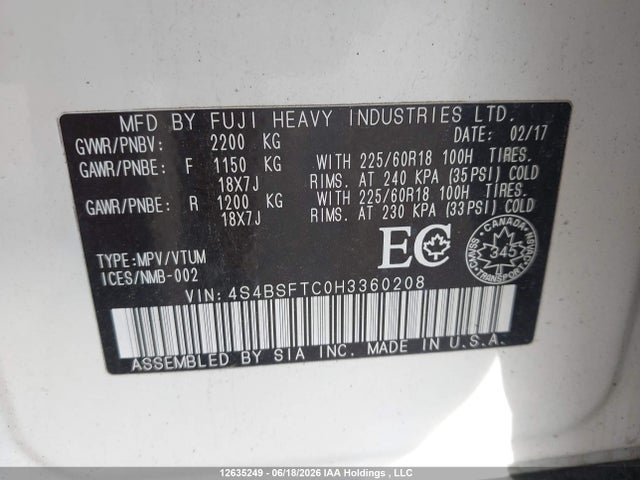 12635249 :رقم المزاد ، 4S4BSFTC0H3360208 vin ، 2017 Subaru Outback Touring مزاد بيع