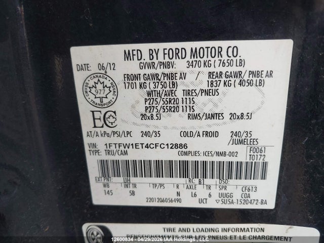 Продажа на аукционе авто 2012 Ford F-150 Fx4, vin: 1FTFW1ET4CFC12886, номер лота: 12600834