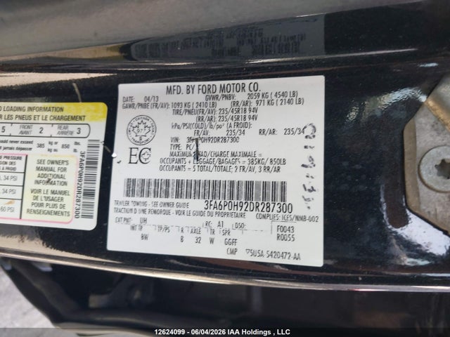 12624099 :رقم المزاد ، 3FA6P0H92DR287300 vin ، 2013 Ford Fusion Se مزاد بيع