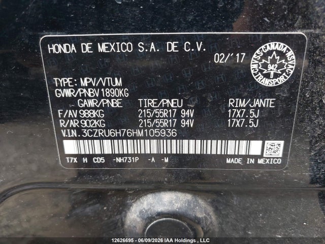 2017 Honda Hr-v Ex-l მანქანა იყიდება აუქციონზე, vin: 3CZRU6H76HM105936, აუქციონის ნომერი: 12626695
