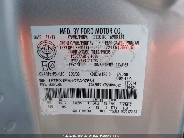 Продажа на аукционе авто 2012 Ford F-150 Xlt, vin: 1FTEX1EM1CFA07561, номер лота: 12605716