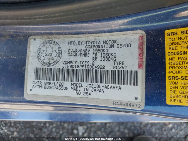 2001 Lexus Is 300 300 მანქანა იყიდება აუქციონზე, vin: JTHBD182910004962, აუქციონის ნომერი: 12611274