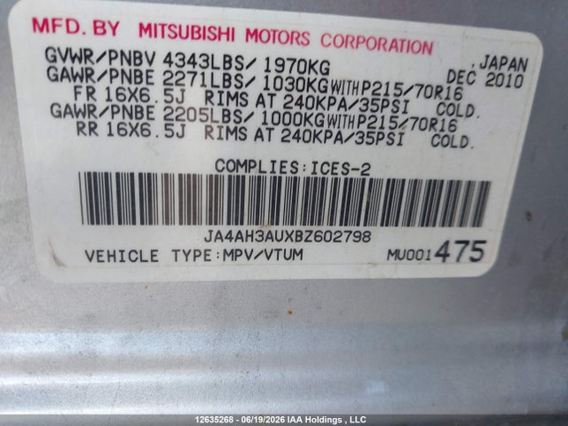 Aukcja sprzedaży 2011 Mitsubishi Rvr Se, vin: JA4AH3AUXBZ602798, numer aukcji: 12635268