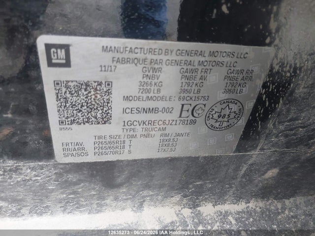 12635273 :رقم المزاد ، 1GCVKREC6JZ178189 vin ، 2018 Chevrolet Silverado 1500 Lt مزاد بيع