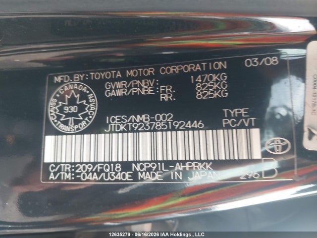 Aukcja sprzedaży 2008 Toyota Yaris Rs, vin: JTDKT923785192446, numer aukcji: 12635279