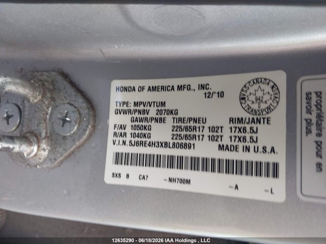 Aukcja sprzedaży 2011 Honda Cr-v Lx, vin: 5J6RE4H3XBL806891, numer aukcji: 12635290