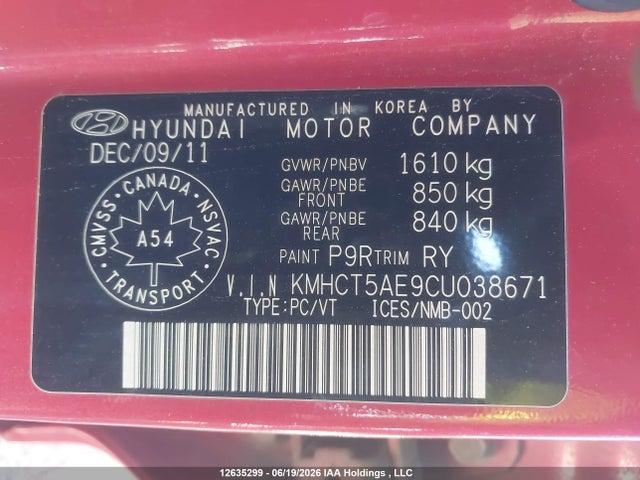 2012 Hyundai Accent Gl მანქანა იყიდება აუქციონზე, vin: KMHCT5AE9CU038671, აუქციონის ნომერი: 12635299
