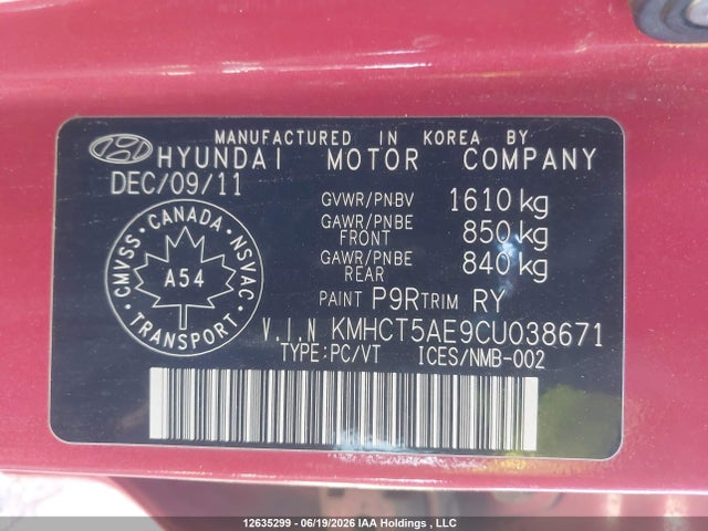 2012 Hyundai Accent Gl მანქანა იყიდება აუქციონზე, vin: KMHCT5AE9CU038671, აუქციონის ნომერი: 12635299