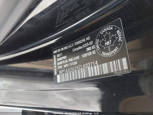 12635303 :رقم المزاد ، WP1AA2A2XCLA03714 vin ، 2012 Porsche Cayenne مزاد بيع
