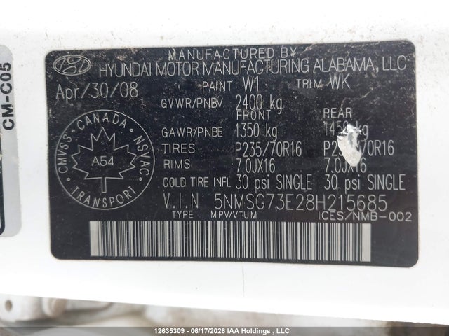 12635309 :رقم المزاد ، 5NMSG73E28H215685 vin ، 2008 Hyundai Santa Fe Gl مزاد بيع