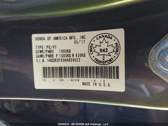 Honda ACCORD EX 2017 1HGCR2F05HA809622 Image 9
