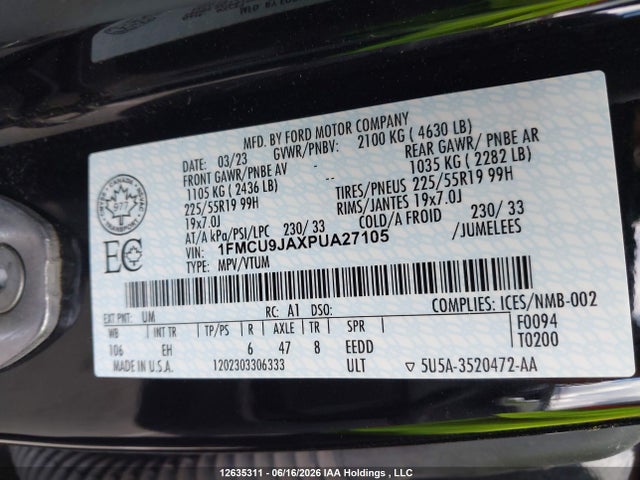 Продажа на аукционе авто 2023 Ford Escape Platinum, vin: 1FMCU9JAXPUA27105, номер лота: 12635311