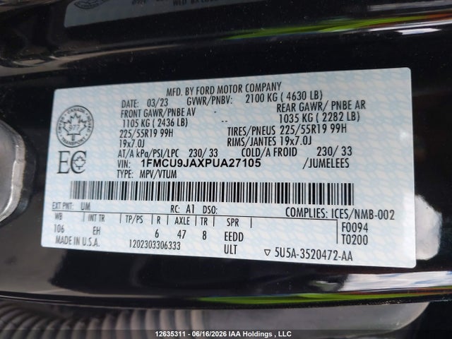 Продажа на аукционе авто 2023 Ford Escape Platinum, vin: 1FMCU9JAXPUA27105, номер лота: 12635311