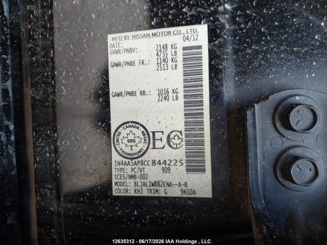 Aukcja sprzedaży 2012 Nissan Maxima S/sv, vin: 1N4AA5AP8CC844225, numer aukcji: 12635312