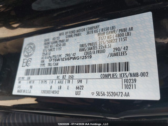 12635326 :رقم المزاد ، 1FT6W1EV6PWG12519 vin ، 2023 Ford F-150 Lightning Platinum مزاد بيع
