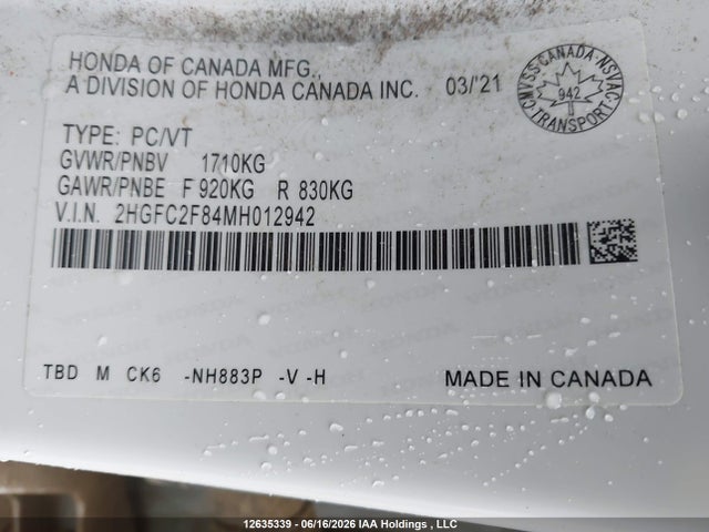 Продаж на аукціоні авто 2021 Honda Civic Sport, vin: 2HGFC2F84MH012942, номер лоту: 12635339
