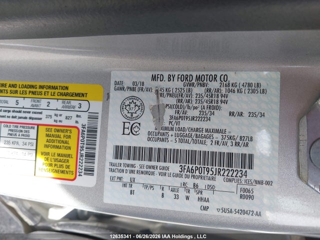 Aukcja sprzedaży 2018 Ford Fusion Se, vin: 3FA6P0T95JR222234, numer aukcji: 12635341
