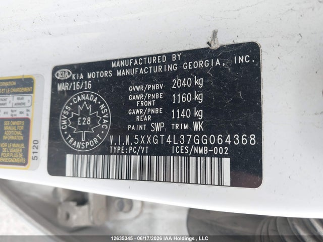 Aukcja sprzedaży 2016 Kia Optima Lx/lx+, vin: 5XXGT4L37GG064368, numer aukcji: 12635345