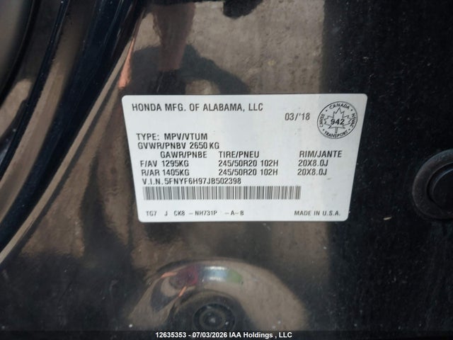 Aukcja sprzedaży 2018 Honda Pilot Touring, vin: 5FNYF6H97JB502398, numer aukcji: 12635353