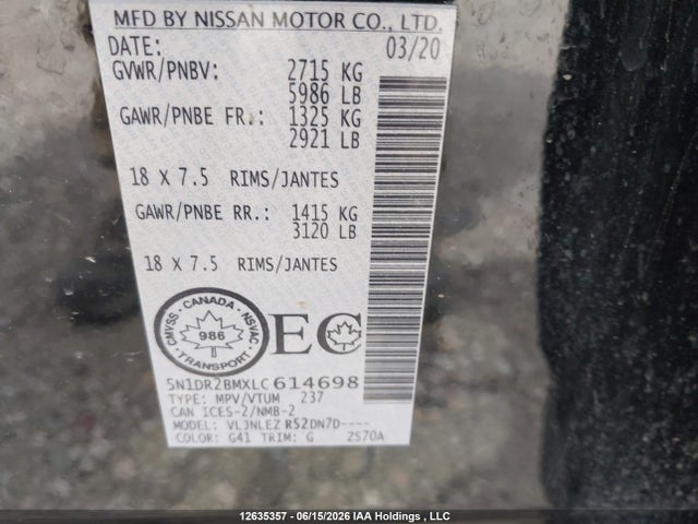 Продаж на аукціоні авто 2020 Nissan Pathfinder Sv, vin: 5N1DR2BMXLC614698, номер лоту: 12635357