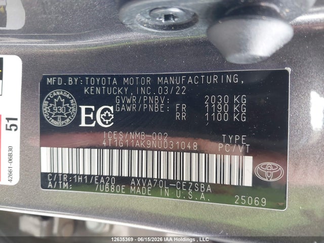 2022 Toyota Camry Se/se Night Shade მანქანა იყიდება აუქციონზე, vin: 4T1G11AK9NU031048, აუქციონის ნომერი: 12635369