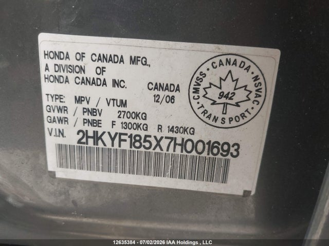 2007 Honda Pilot Ex-l მანქანა იყიდება აუქციონზე, vin: 2HKYF185X7H001693, აუქციონის ნომერი: 12635384