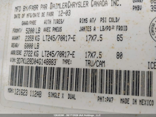2004 Dodge Ram 2500 St/slt მანქანა იყიდება აუქციონზე, vin: 3D7KU28D04G148883, აუქციონის ნომერი: 12635390