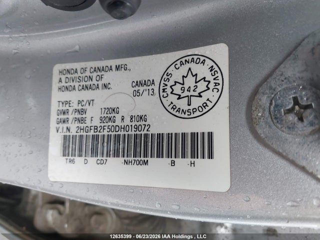 2013 Honda Civic Ex 4dr მანქანა იყიდება აუქციონზე, vin: 2HGFB2F50DH019072, აუქციონის ნომერი: 12635399