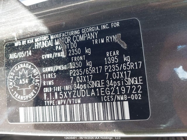 Aukcja sprzedaży 2014 Hyundai Santa Fe Sport 2.0t Premium, vin: 5XYZUDLA1EG219722, numer aukcji: 12635401