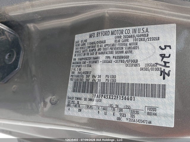 12635402 :رقم المزاد ، 1FAFP45X22F156601 vin ، 2002 Ford Mustang Gt مزاد بيع